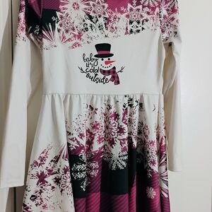 Girls' Cream and Plum Snowman Print Casual Dress
